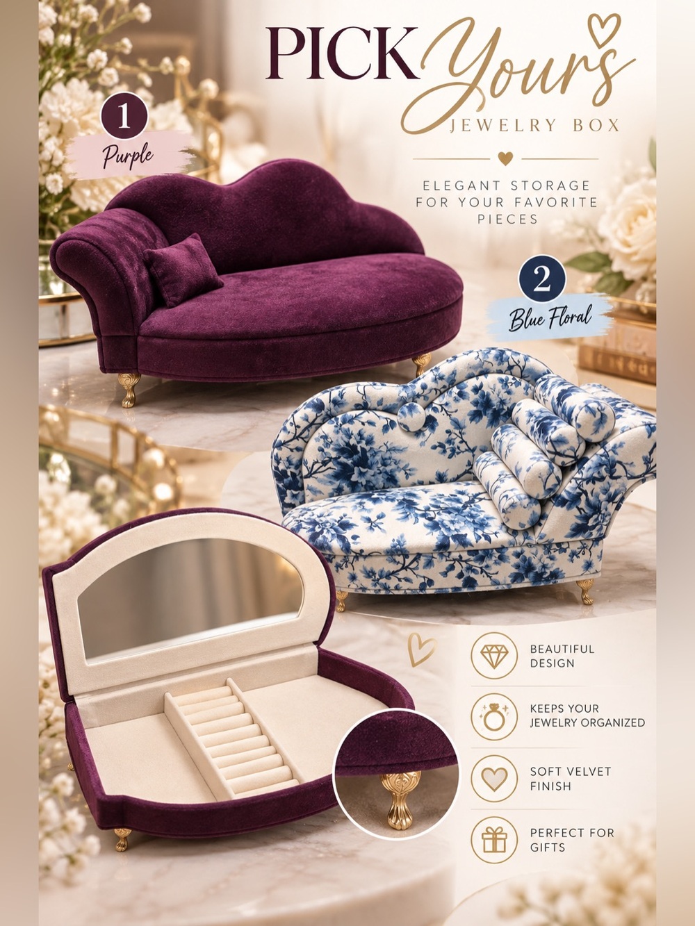 NOVELTY velvet jewelry box with mirror and a mystery item in (pick yours)